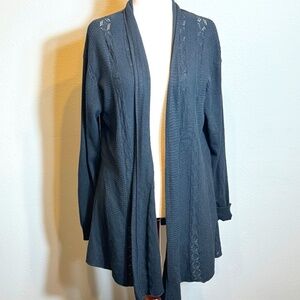Evidence sweater black lightweight open weave open front long cardigan  Sz L